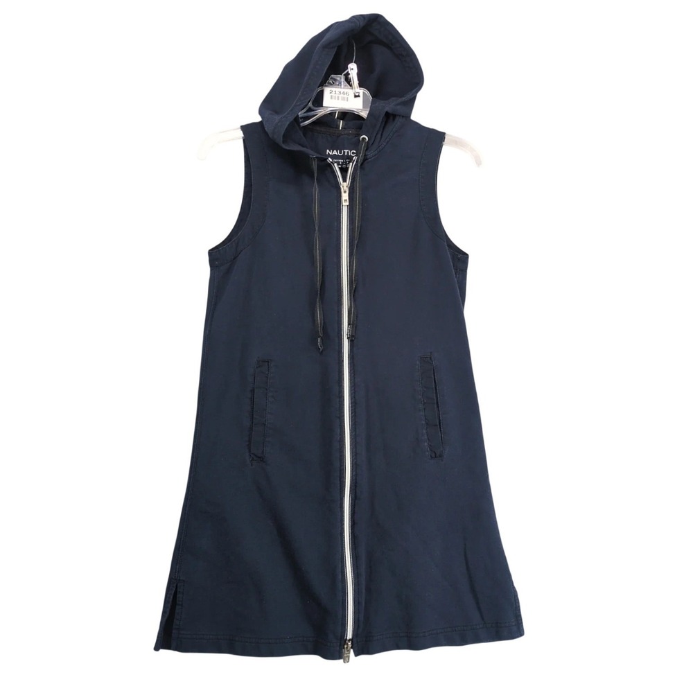 Nautica Hooded Zip Front Dress Sz XS Navy Sleeveless Pockets Coastal Sporty Y2K